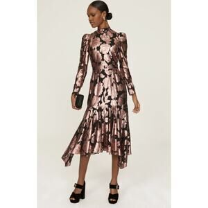 Yumi Kim Connie Midi Dress Brocade Rose Black Metallic Floral Long Sleeves XS